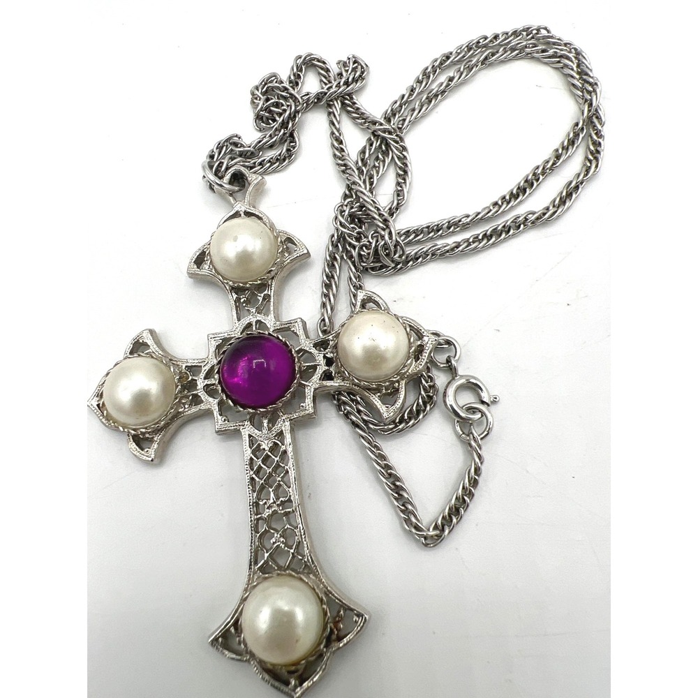 Sarah Coventry Crusaders Cross 24" Necklace Faux Pearls Purple‎ Cabochon Prayer